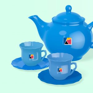 Ceramic Tea Mug And Plate With Teapot Mockup